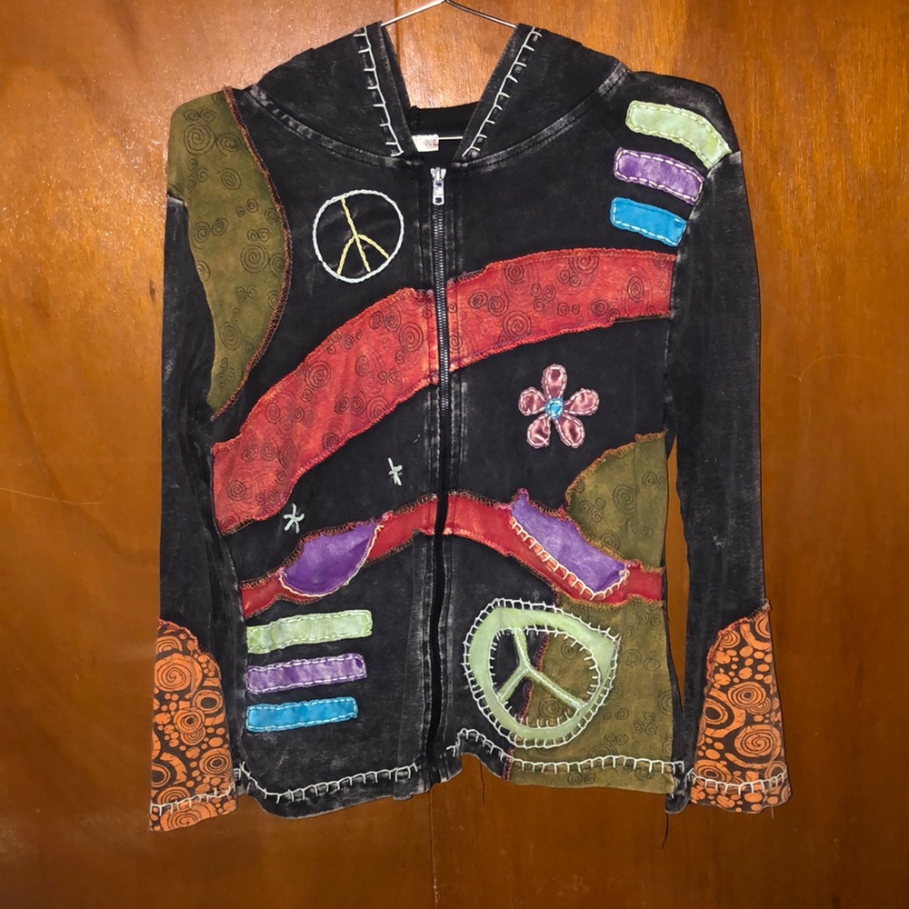 Sz Small Hippy Peace sign flower print rainbow flare hoodie patchwork
